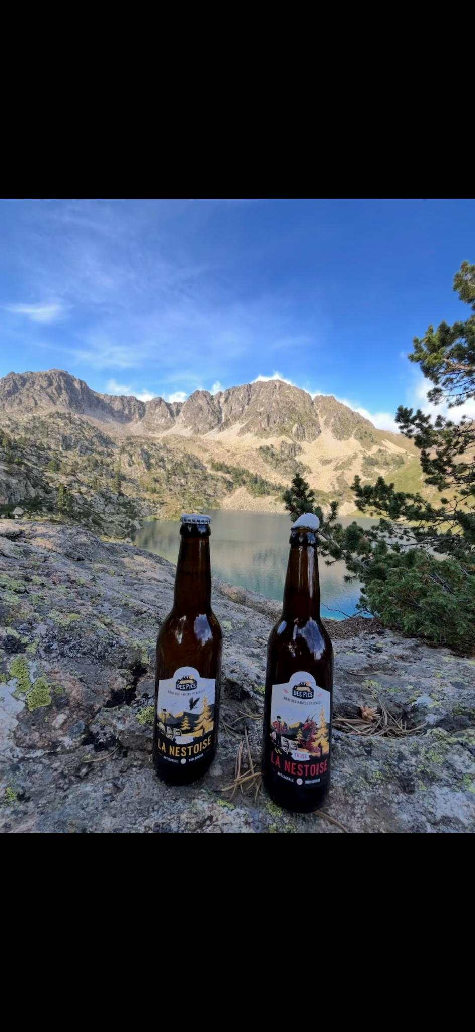 Deux bières artisanales de la Brasserie des Pics devant un lac et les montagnes des Pyrénées