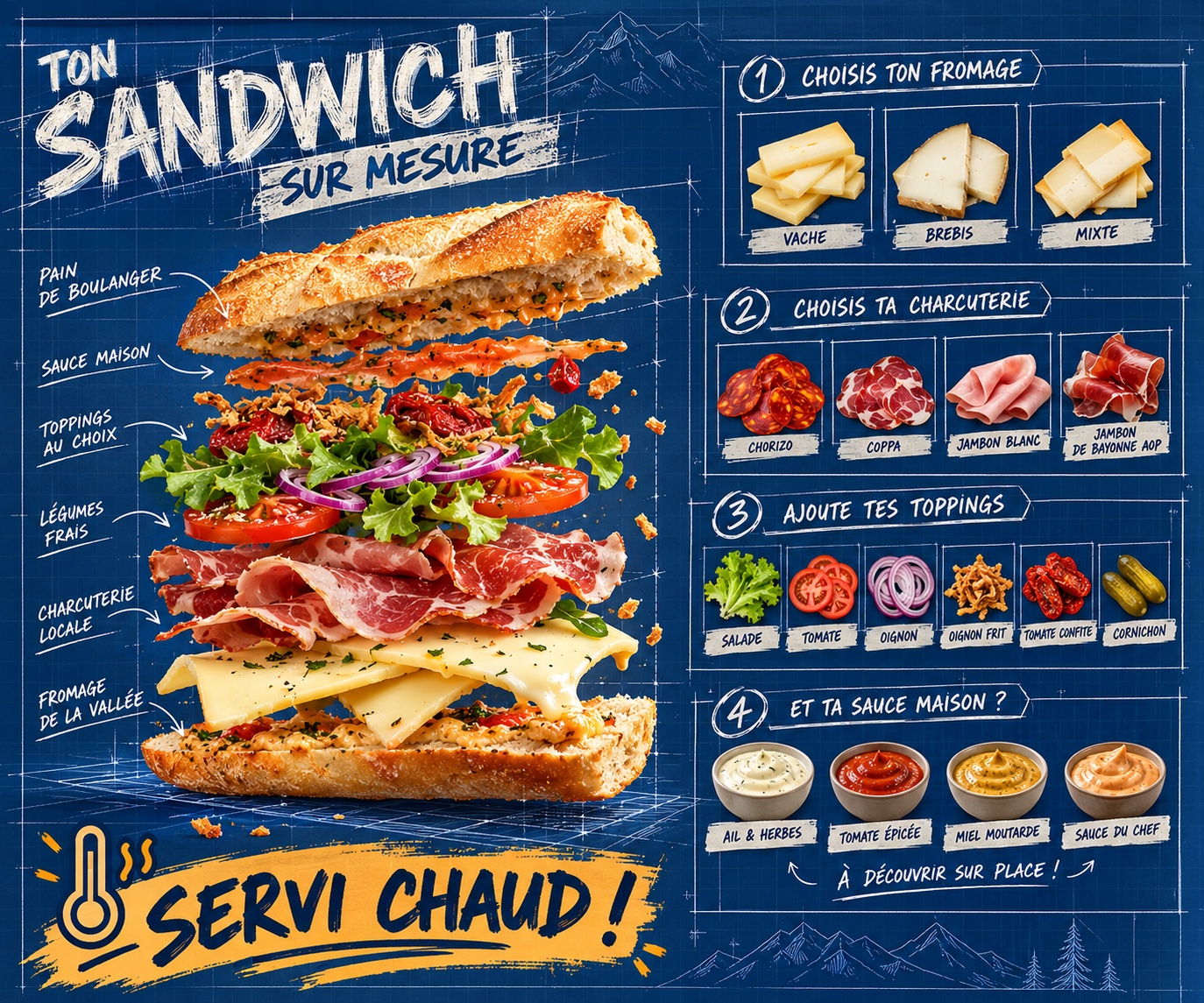 Illustration fournie : sandwich sur mesure, fromage vache ou brebis, charcuteries, toppings et sauces maison, servi chaud