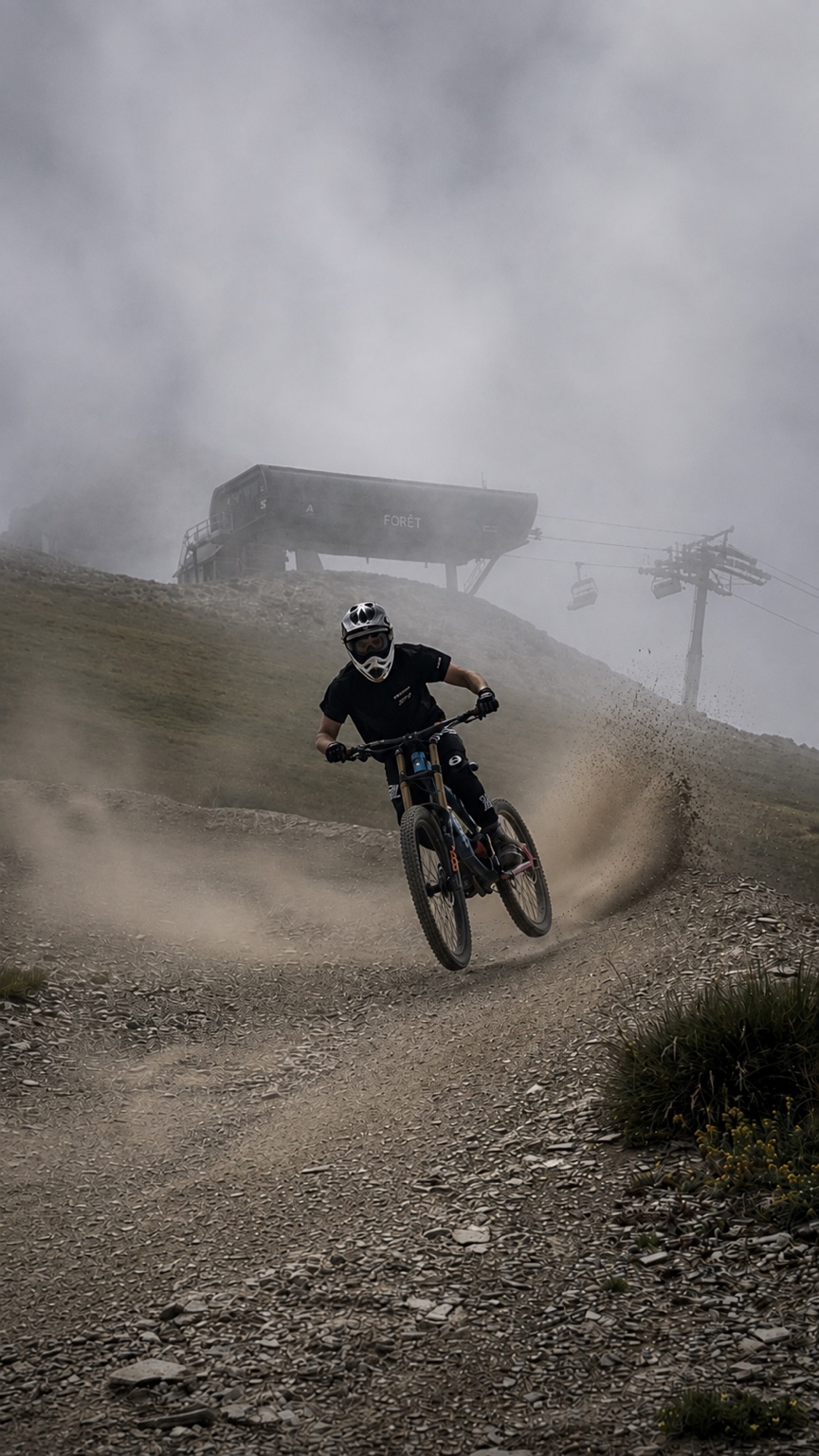 Pilote VTT en pleine descente sur le bike park de Saint-Lary