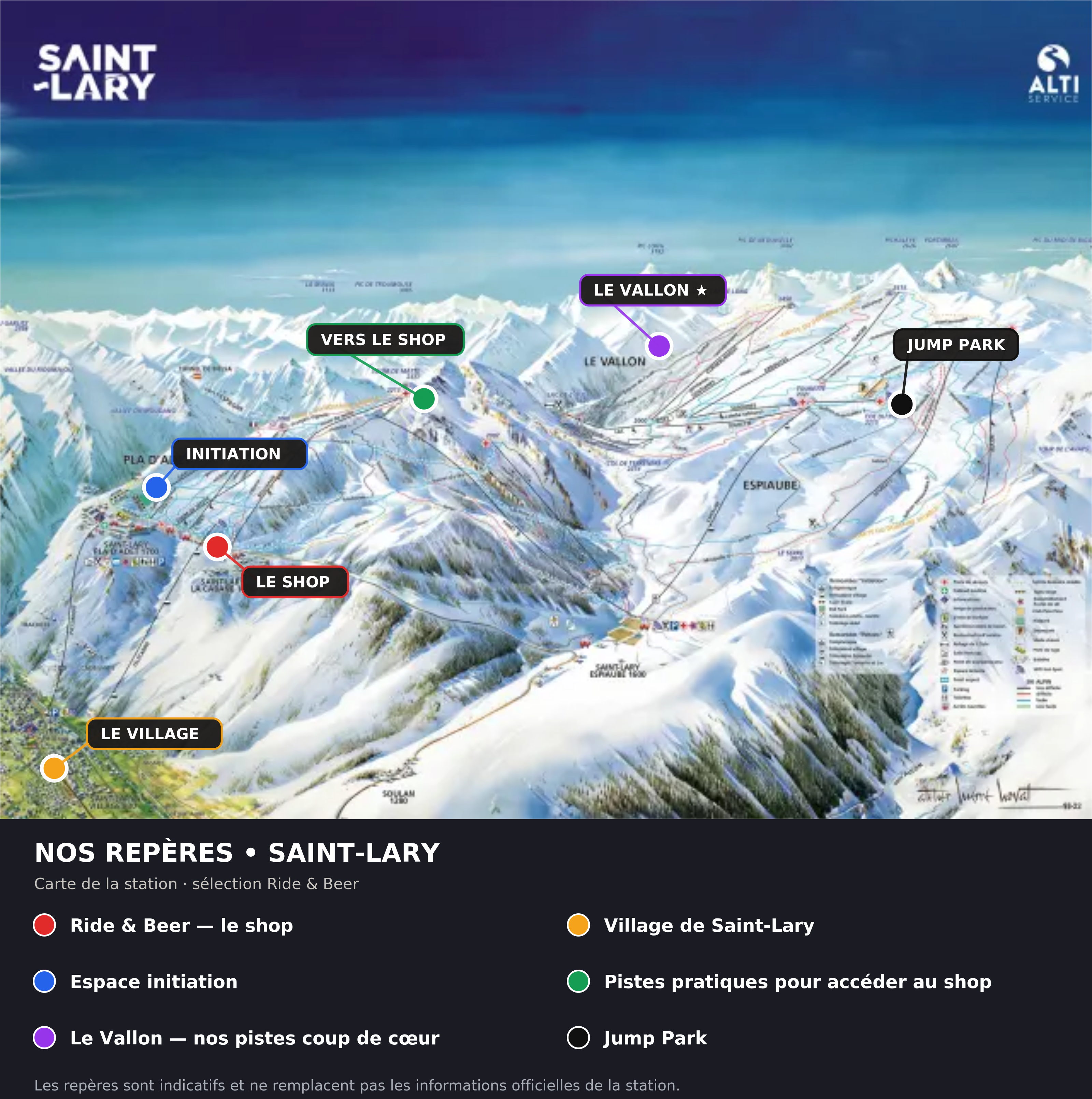 Plan des pistes Saint-Lary annoté : shop, village, espace initiation, accès shop, Jump Park et Le Vallon